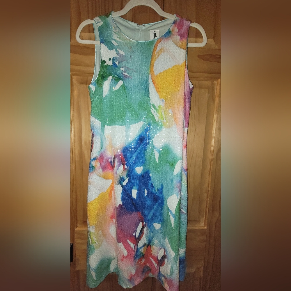 Julia Jordan Colorful Sequin Watercolor Cocktail Shift Dress - Picture 4 of 12